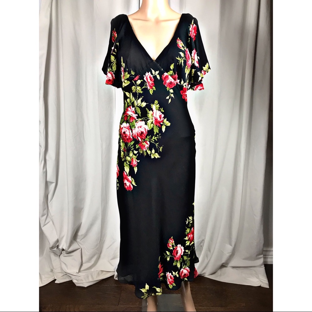 Nicole Miller 100% Silk Black Midi Dress W/ Roses